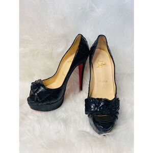 Christian Louboutin Black Python Madame Butterfly Peep Toe Heels. Authentic.